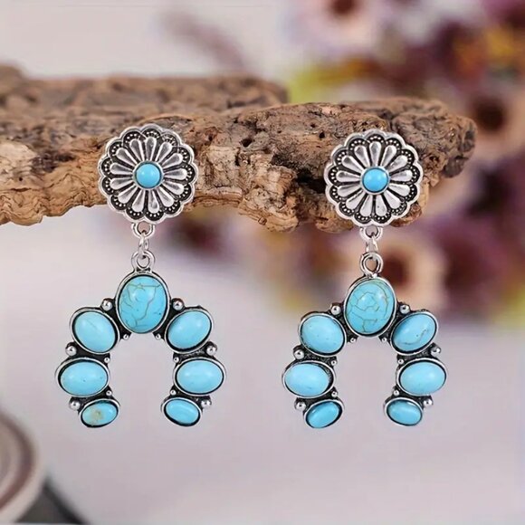 Solid 925 Sterling Silver Womens Hanging Drop Turquoise Horseshoe Earrings NEW